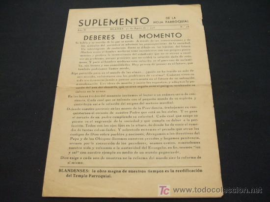 Sammelleidenschaft Papier: SUPLEMENTO DE LA HOJA PARROQUIAL - BLANES - AGOSTO 1943 - A&Ntilde;O II - N&ordm; 28 -