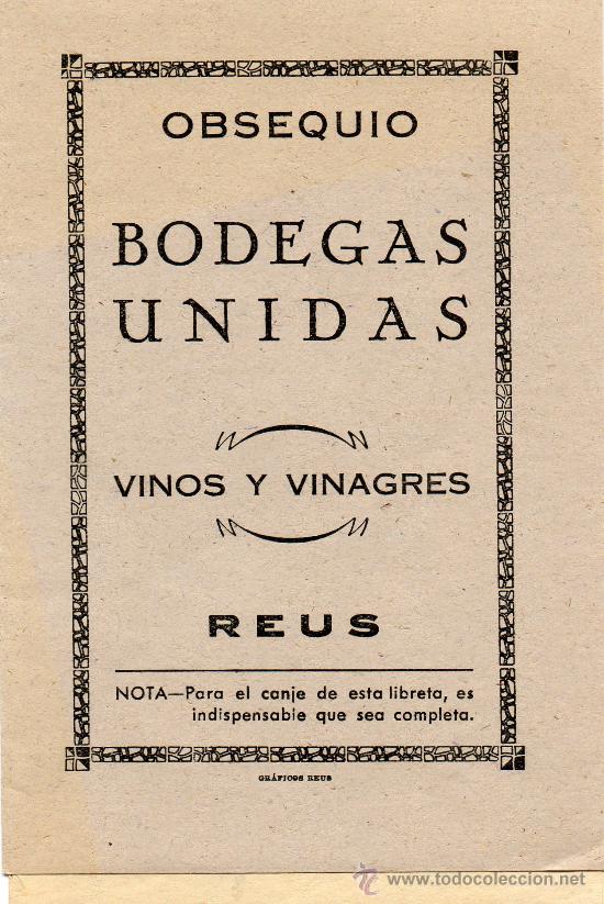 Coleccionismo: libreta Bodegas Unidas (Reus) con una hoja para pegar cupones.
