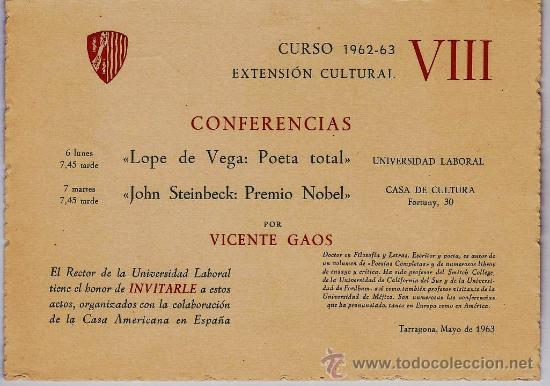 Coleccionismo: invitacion - conferencia por vicente gaos - universidad laboral - tarragona - a&ntilde;o 1969