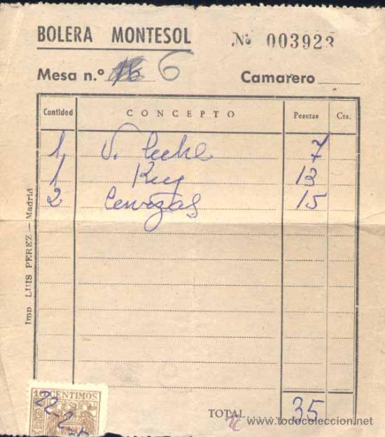 Coleccionismo: RESGUARDO DE CONSUMICI&Oacute;N EN BOLERA MONTESO.- MADRID -A&Ntilde;O 1959