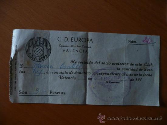 Collezionismo: RECIBO DONATIVO C. D. EUROPA (VALENCIA), DE 1949