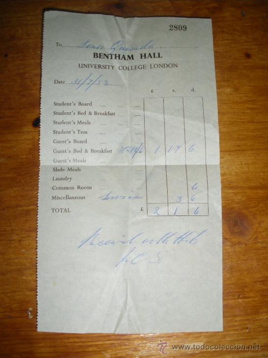 Coleccionismo: BENTHAM HALL, UNIVERSITY COLLEGE LONDON. TICKET DE DESAYUNO. A&Ntilde;O 1953.
