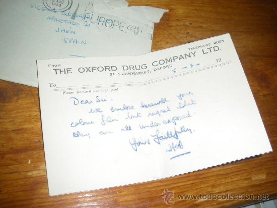Coleccionismo: THE OXFORD DRUG COMPANY LTD. OXFORD REINO UNIDO. NOTA O RECETA 1953.