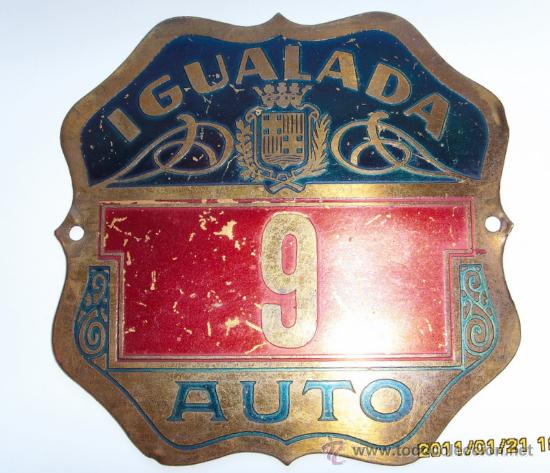 Coleccionismo: MATRICULA DE AUTO de la CIUDAD DE IGUALADA- Circa 1900 ? - Foto 1