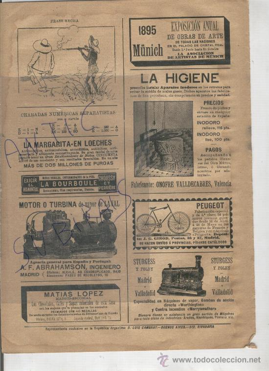 Coleccionismo: RECORTE DE PRENSA. A&Ntilde;O 1895. PUBLICIDADES. BICICLETA PEUGEOT. STURGESS. MOTOR DE VAPOR.INODORO.