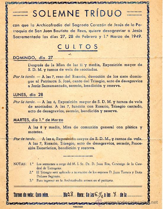 SOLEMNE TRÍDUO ARCHICOFRADIA SAGRADO CORAZÓN DE JESÚS 1949 (Coleccionismo - Laminas, Programas y Otros Documentos)