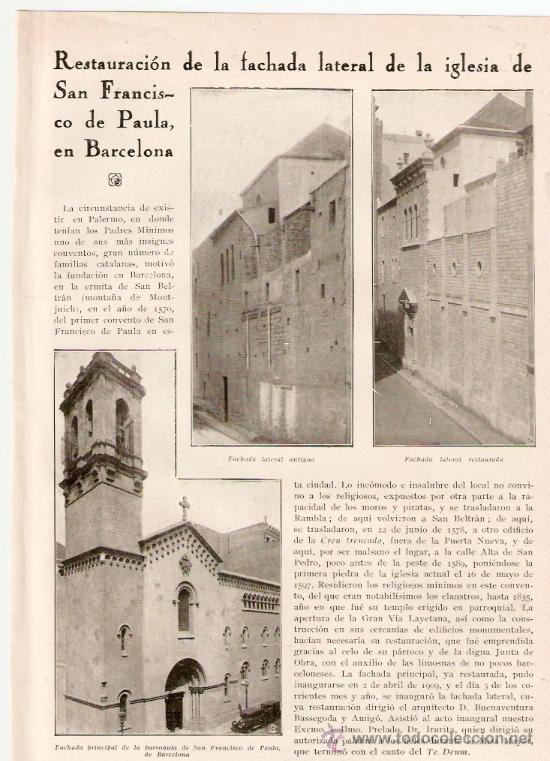 Coleccionismo: HOJA REPORTAJE.A&Ntilde;O 1931.RESTAURACION FACHADA LATERAL IGLESIA SAN FRANCISCO DE PAULA.BARCELONA.