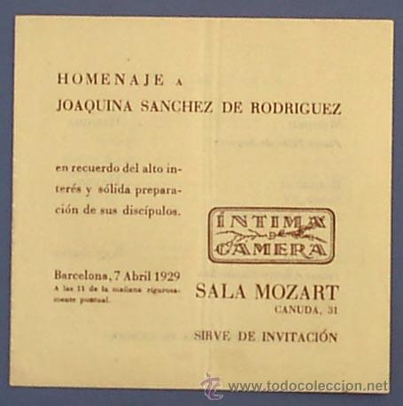 Coleccionismo: INVITACI&Oacute;N AL HOMENAJE A JOAQUINA S&Aacute;NCHEZ DE RODR&Iacute;GUEZ. INTIMA CAMERA. SALA MOZART, BARCELONA 1929