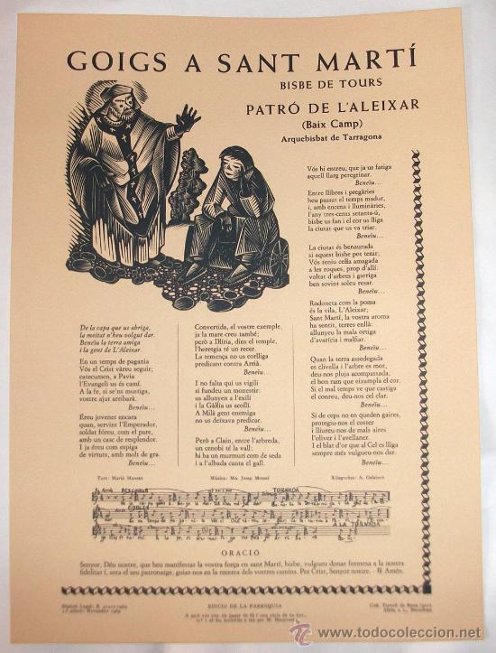 Sammelleidenschaft Papier: GOIGS A SANT MART&Iacute; BISBE DE TOURS &ndash; PATR&Oacute; DE L&rsquo;ALEIXAR &ndash; BAIX CAMP &ndash; ARQUESBISBAT DE TARRAGONA 1969
