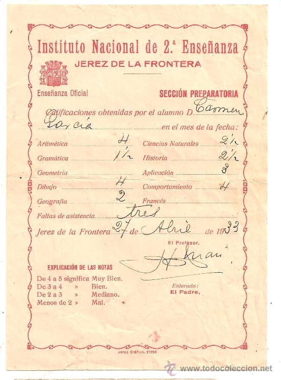 Coleccionismo: Jerez de la Frontera (C&aacute;diz): calificaciones de un instituto de segunda ense&ntilde;anza (1933)