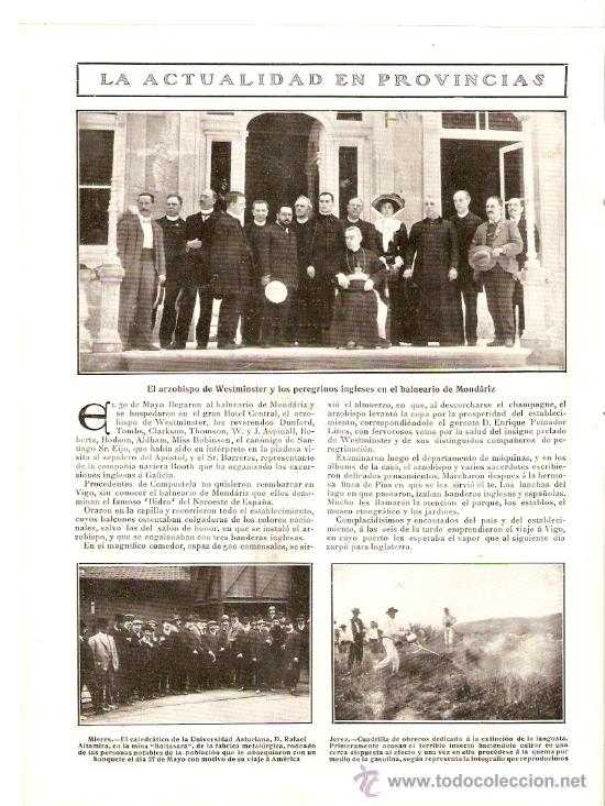 Collectionnisme: RECORTE PRENSA.A&Ntilde;O 1909.BALNEARIO MONDARIZ.GALICIA.MIERES.JEREZ.MINA BALTASARA.ASTURIAS