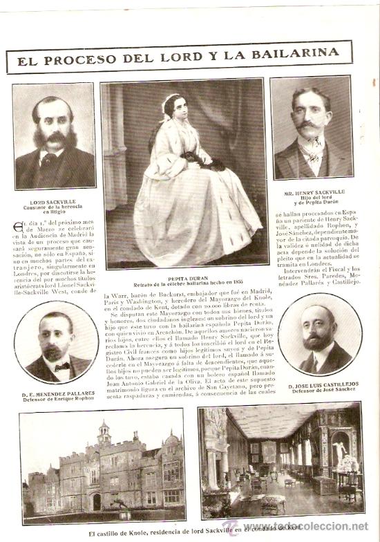 Coleccionismo: RECORTE NOTICIA.A&Ntilde;O 1909.LORD SACKVILLE.PEPITA DURAN.CASTILLO KNOLE.MENEDEZ PALLARES.CASTILLEJOS.