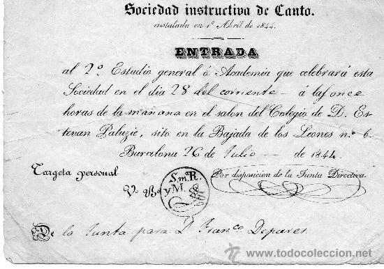 Coleccionismo: Sociedad instructiva de Canto Barcelona 1844