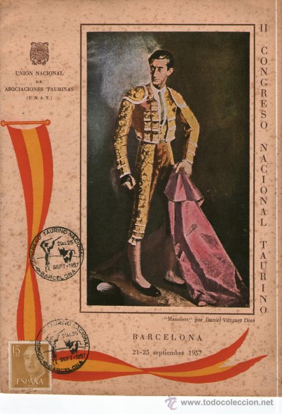 Coleccionismo: Progama del II Congreso Nacional Taurino, Barcelona, 1957. Homenaje a Manolete
