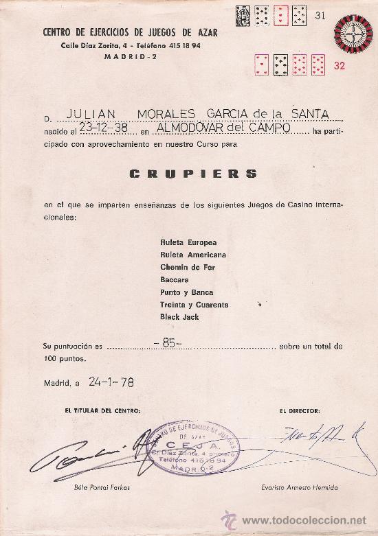 Sammelleidenschaft Papier: CENTRO DE EJERCICIOS DE JUEGOS DE AZAR - JUSTIFICANTE DE PARTICIPACION EN EL CURSO DE CRUPIERS 1978