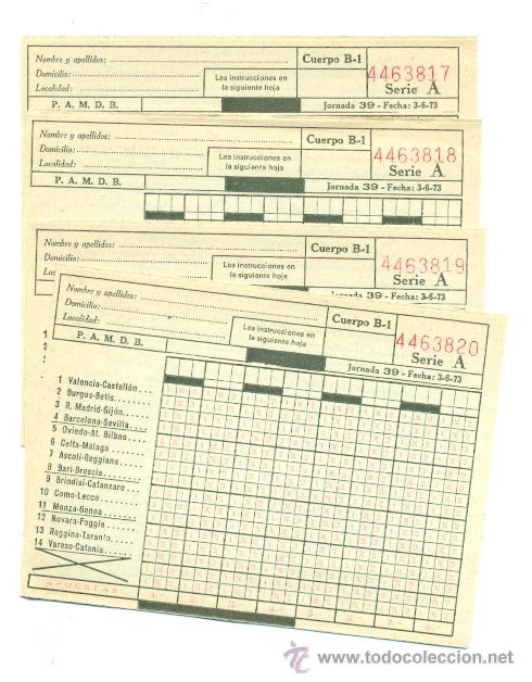Collecting paper: LOTE DE 4 HOJITAS NUMERADAS Y CORRELATIVAS DE APUESTAS DE FUTBOL - 1973