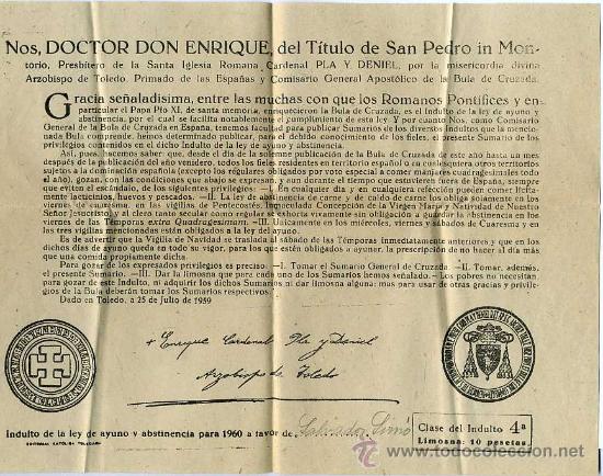 Coleccionismo: BULA INDULTO ARZOBISPO DE TOLEDO A&Ntilde;O 1959