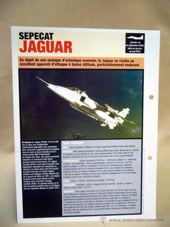 Coleccionismo: FICHA, LAMINA, AVIONES, AVIACION, JAGUAR, FRANCE GRANDE BRETAGNE, COLECCIONABLE