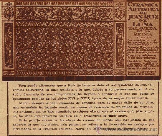 Coleccionismo: Publicidad Cer&aacute;mica Art&iacute;stica de Juan Ruiz de Luna - 1935
