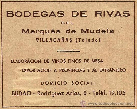 Coleccionismo: * VILLACA&Ntilde;AS, Toledo * Publicidad bodegas de Rivas de Marqu&eacute;s de Mudela - 1935