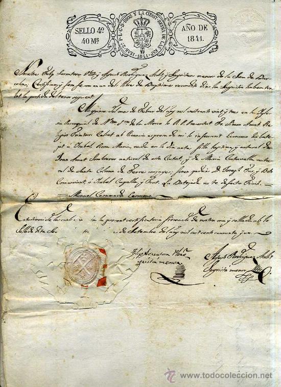 Coleccionismo: CERTIFICADO BAUTISMO 1841 - IGLESIA N. SRA. DE LA MERC&Eacute;, BARCELONA. EN CATAL&Aacute;N