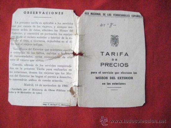 Coleccionismo: RENFE. TARIFA DE PRECIOS.MOZOS DEL EXTERIOR.. MALETAS..ENVIO GRATIS&iexcl;&iexcl;&iexcl;
