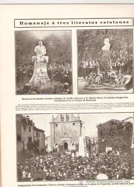 Coleccionismo: RECORTE PRENSA.A&Ntilde;O 1908.EMILIO VILANOVA.MILA I FONTANALS.FOLGUEROLES.JACINT VERDAGUER.