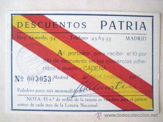 Coleccionismo: TARJETA DE DESCUENTOS. PATRIA 1952. ENVIO GRATIS&iexcl;&iexcl;&iexcl;