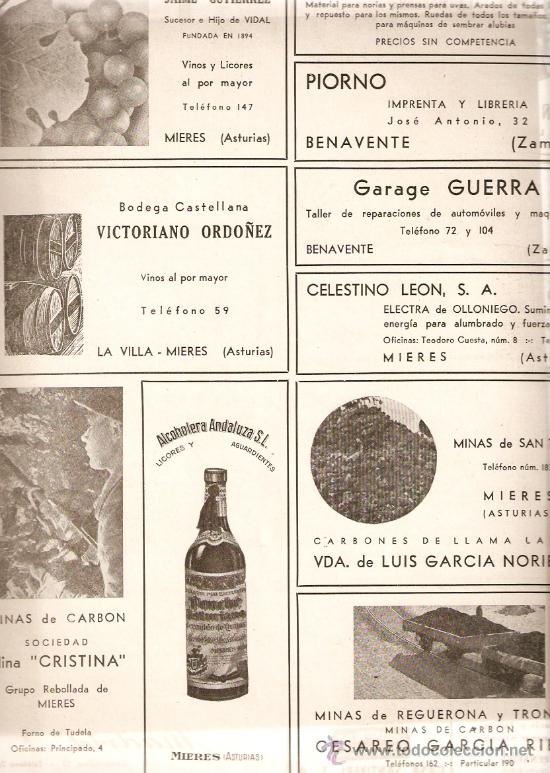 Colecionismo: RECORTE PUBLICIDAD.A&Ntilde;OS 40.MINAS.MIERES.SAN TIRSO.ALCOHOLERA ANDALUZA.VIGOR.SANTIVERI.FRUTOS ORRASCO