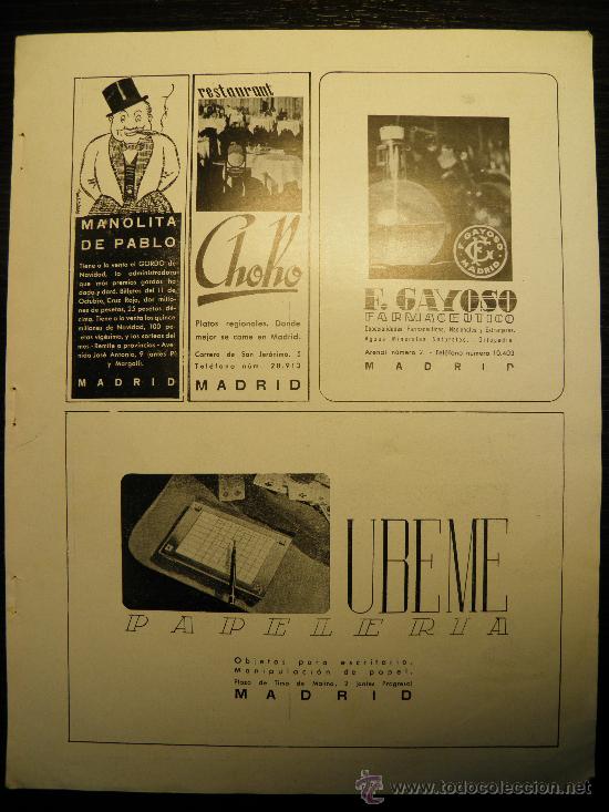 Coleccionismo: RECORTE PUBLICIDAD.A&Ntilde;OS 30.LOTERIA MANOLITA DE PABLO.MADRID.GAYOSO.FARAMACIA.UBEME.TALLERES VILLA
