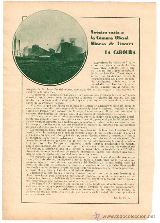 Coleccionismo: RECORTE PRENSA.A&Ntilde;OS 30.LINARES.CAMARA OFICIAL MINERA DE LINARES.LA CAROLINA