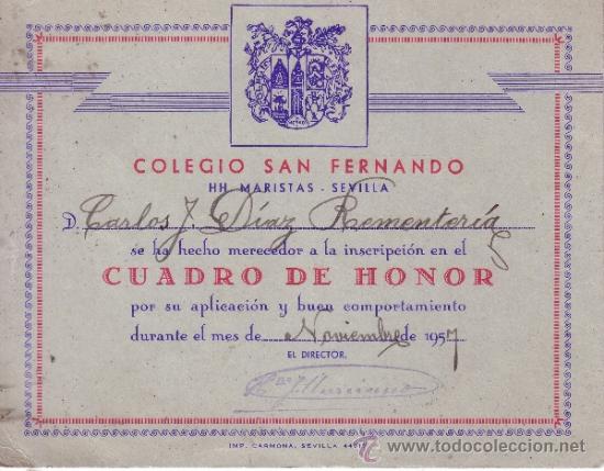 Coleccionismo: COLEGIO SAN FERNANDO DE LOS HH MARISTAS - CUADRO DE HONOR - NOVIEMBRE 1957