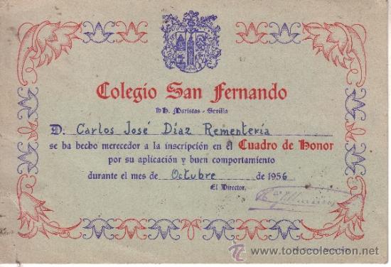 Coleccionismo: COLEGIO SAN FERNANDO DE LOS HH MARISTAS - CUADRO DE HONOR - OCTUBRE 1956