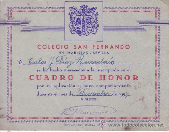 Collecting paper: COLEGIO SAN FERNANDO HERMANOS MARISTAS DIPLOMA CUADRO DE HONOR 1957