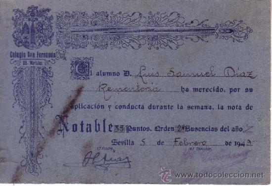 Collecting paper: COLEGIO SAN FERNANDO HERMANOS MARISTAS DIPLOMA CUADRO DE HONOR 1949