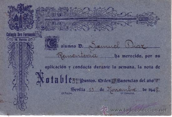 Collecting paper: COLEGIO SAN FERNANDO HERMANOS MARISTAS DIPLOMA CUADRO DE HONOR 1948