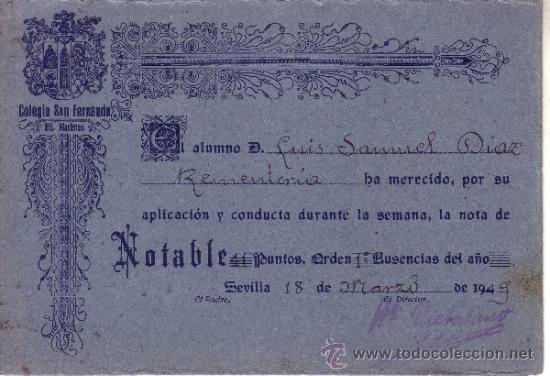 Collecting paper: COLEGIO SAN FERNANDO HERMANOS MARISTAS DIPLOMA CUADRO DE HONOR 1949