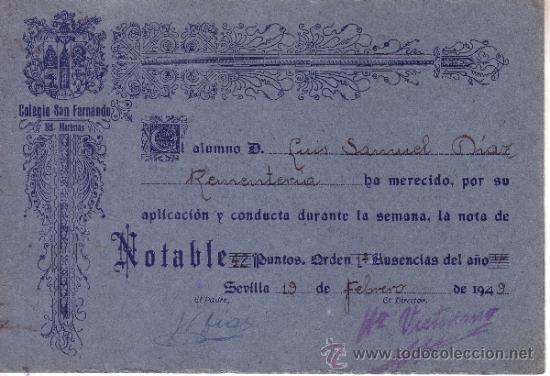 Collecting paper: COLEGIO SAN FERNANDO HERMANOS MARISTAS DIPLOMA CUADRO DE HONOR 1949