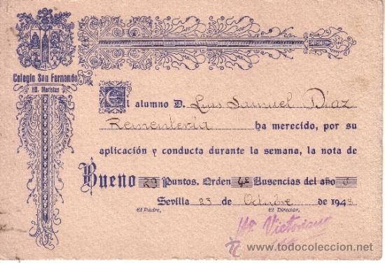 Collecting paper: COLEGIO SAN FERNANDO HERMANOS MARISTAS DIPLOMA CUADRO DE HONOR 1948