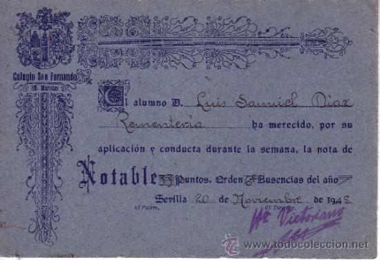 Collecting paper: COLEGIO SAN FERNANDO HERMANOS MARISTAS DIPLOMA CUADRO DE HONOR 1948