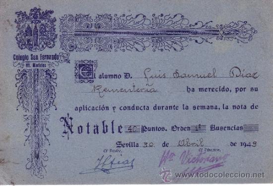 Collecting paper: COLEGIO SAN FERNANDO HERMANOS MARISTAS DIPLOMA CUADRO DE HONOR 1949