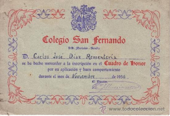 Collecting paper: COLEGIO SAN FERNANDO HERMANOS MARISTAS DIPLOMA CUADRO DE HONOR 1956