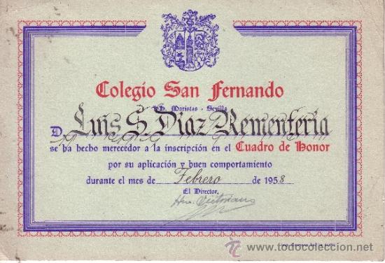 Collecting paper: COLEGIO SAN FERNANDO HERMANOS MARISTAS DIPLOMA CUADRO DE HONOR 1958