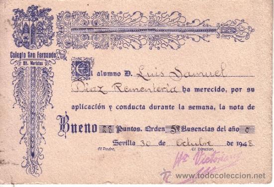 Collecting paper: COLEGIO SAN FERNANDO HERMANOS MARISTAS DIPLOMA CUADRO DE HONOR 1948