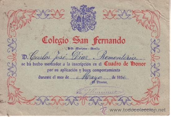Collecting paper: COLEGIO SAN FERNANDO HERMANOS MARISTAS DIPLOMA CUADRO DE HONOR 1956