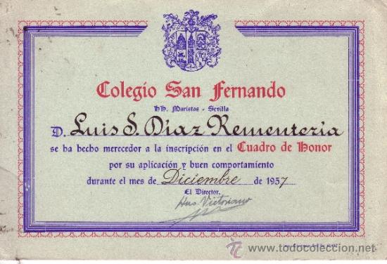 Collecting paper: COLEGIO SAN FERNANDO HERMANOS MARISTAS DIPLOMA CUADRO DE HONOR 1957