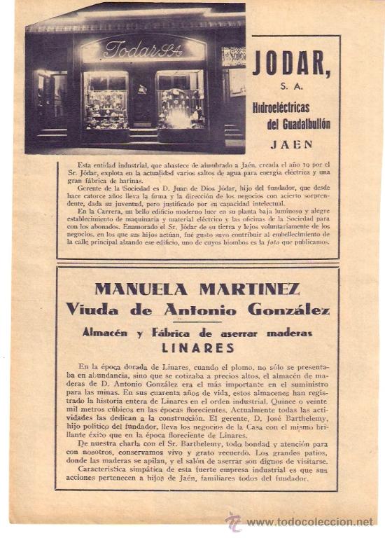 Colecionismo: recorte publicidad.a&ntilde;os 30.jaen.jodar s.a.hidroelectricas del guadalbullon.linares.manuela martinez.