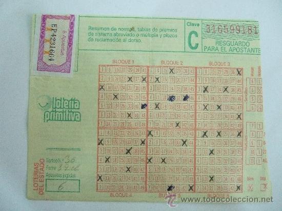 Collezionismo: BOLETO LOTERIA PRIMITIVA - SELLADO - RESGUARDO PARA EL APOSTANTE - 1988
