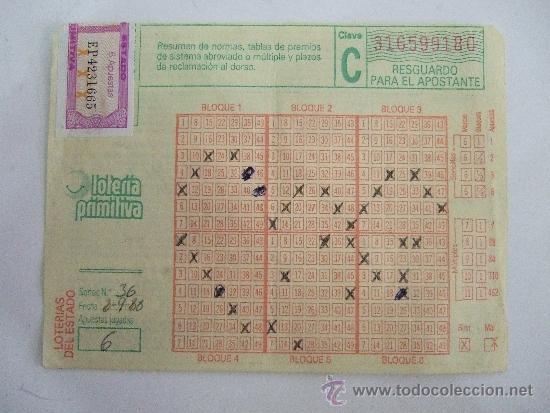 Collezionismo: BOLETO LOTERIA PRIMITIVA - SELLADO - RESGUARDO PARA EL APOSTANTE - 1988