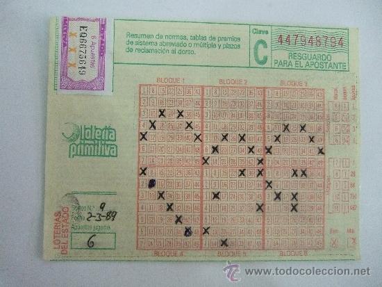 Collecting paper: BOLETO LOTERIA PRIMITIVA - SELLADO - RESGUARDO PARA EL APOSTANTE - 1989